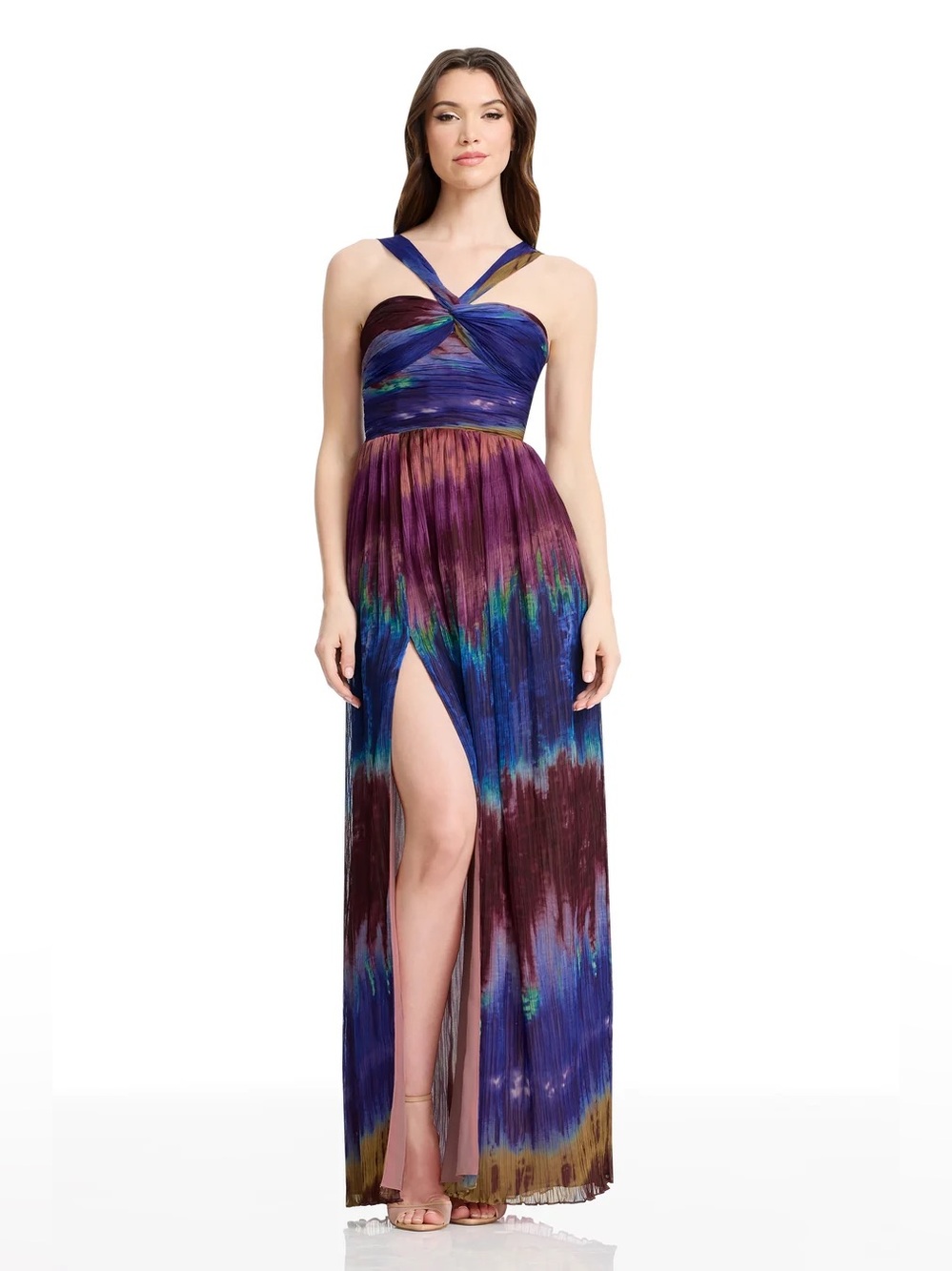 Dress the Population Tau Sunset Multi Crisscross Halter Maxi Dress